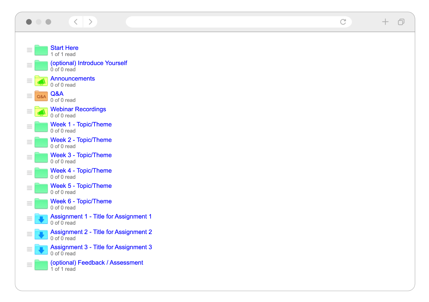 Folder arrangement in a Pepper community for a course