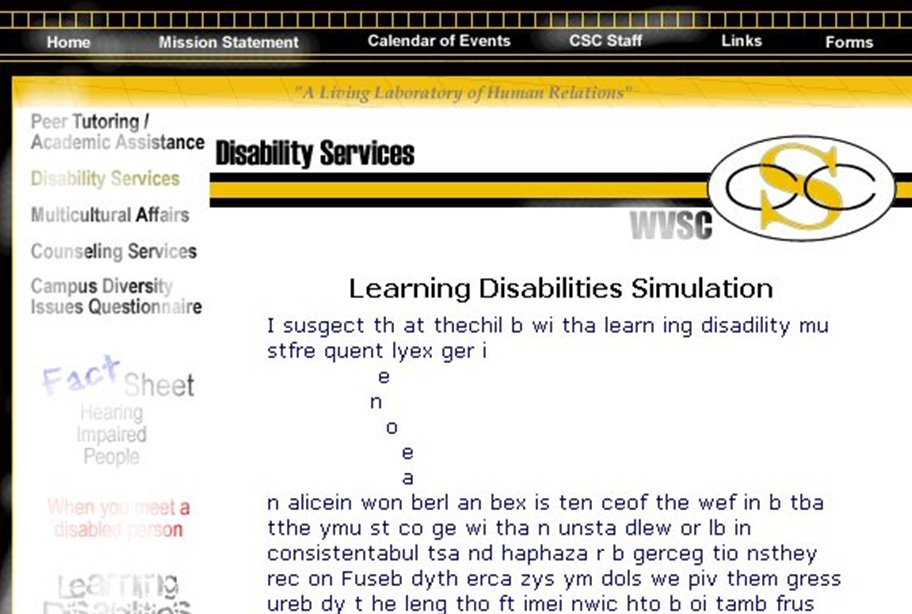 Screenshot of simulation of experience of learning disability - issues with text