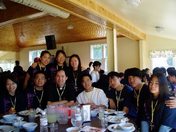 This is my group (Son of Man) taking a picture with Father Ching. Fr. Ching is from St. Tim's Church (Sheppard/Don Mills), thats where I go play sports every month in the Summer time. And also his mother was my chinese school principal at St. Aidan...WHAT A SMALL WORLD!!.
