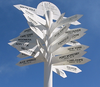 A crossroads signpost with dozens of canadian cities